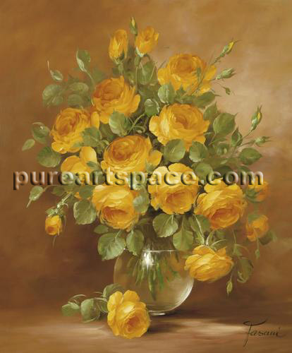 Yellow blooming roses in a glass vase