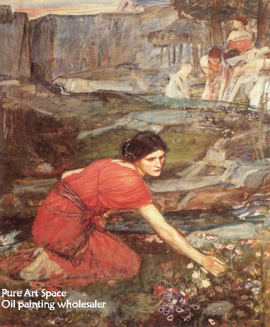 Maidens picking flowers by a stream